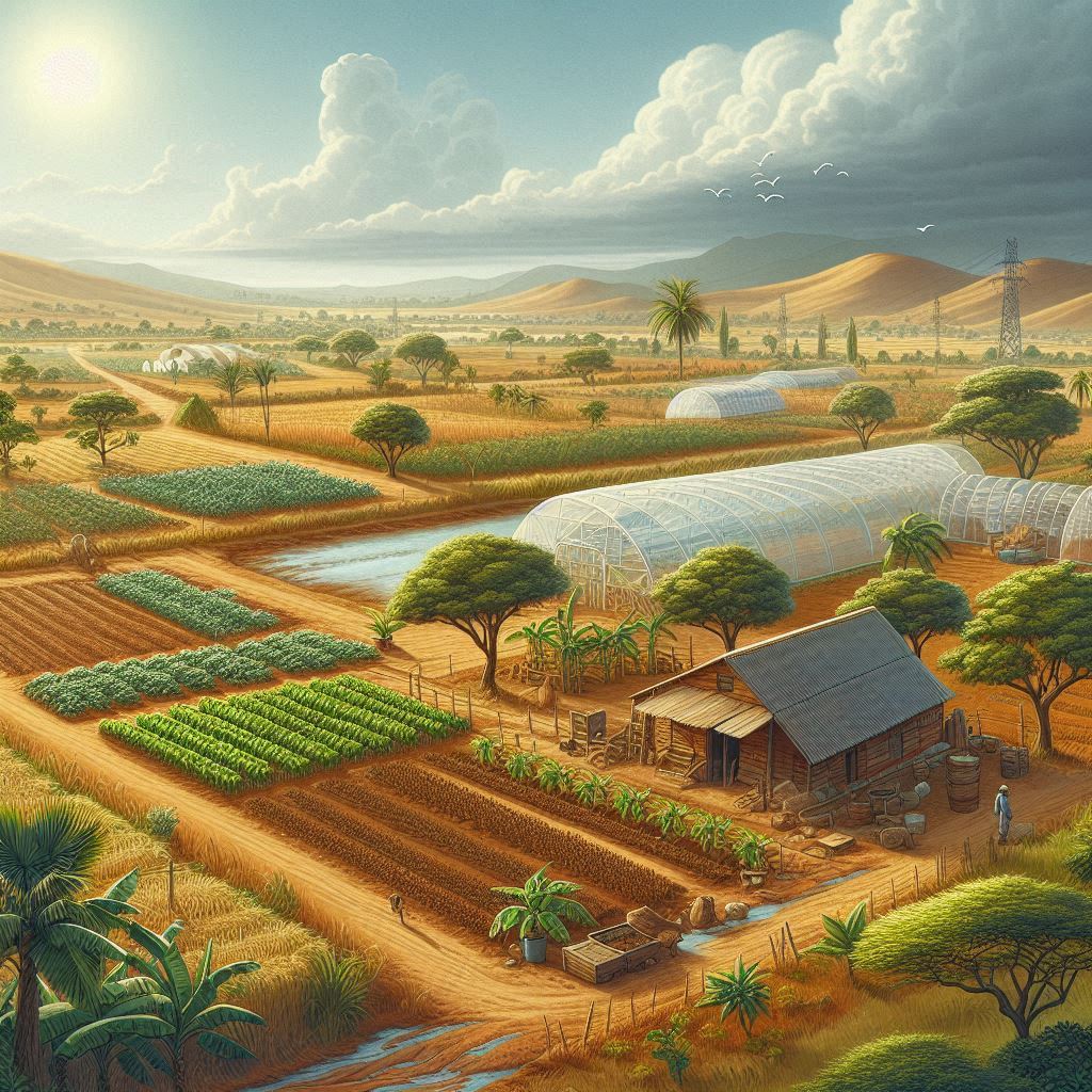 Illustration d'une ferme africaine avec des cultures affectées par le climat, montrant des signes de sécheresse et des innovations agricoles telles que l'irrigation moderne et des serres. Style réaliste et détaillé.