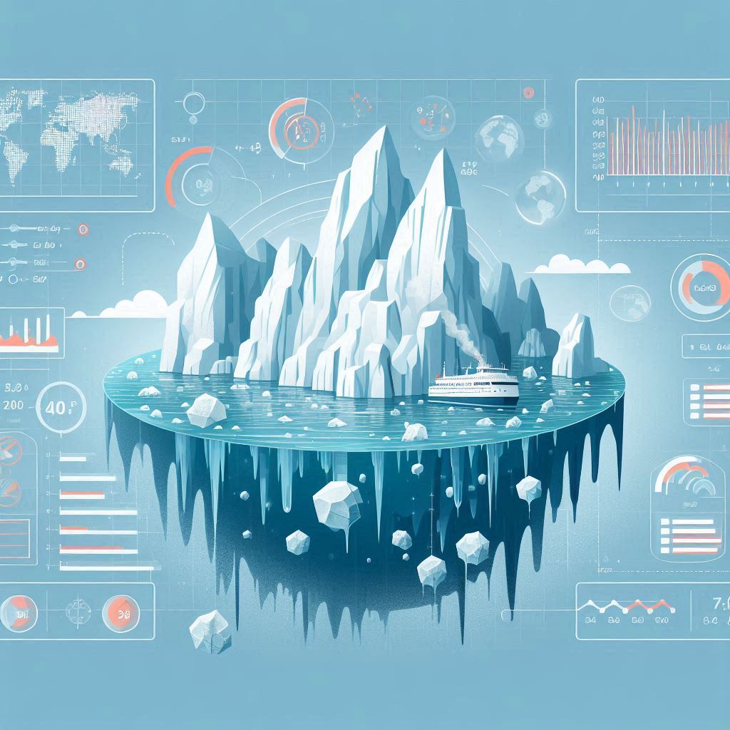 Illustration de glaciers en train de fondre avec des graphiques et des données intégrées montrant la fonte des glaces et ses impacts sur le niveau des mers. Style scientifique et informatif.