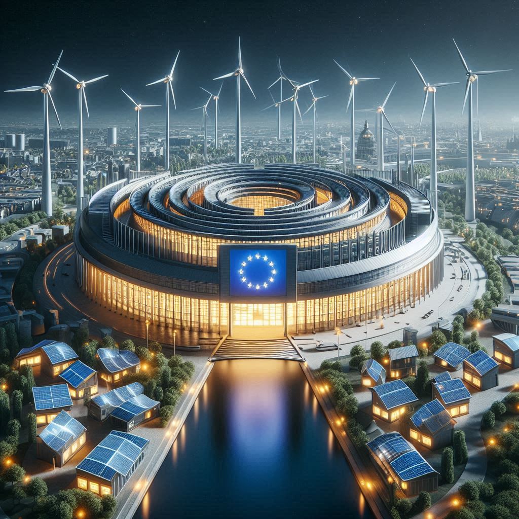 Illustration d'un parlement européen moderne entouré de symboles d'énergie renouvelable (éoliennes, panneaux solaires) . Style réaliste et futuriste.