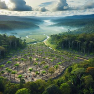 Photo d'une forêt amazonienne avec des zones de reforestation et des équipes travaillant sur la protection des arbres.