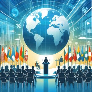 Illustration d'un sommet international sur le climat avec des intervenants, un globe terrestre en arrière-plan. Style professionnel et dynamique.