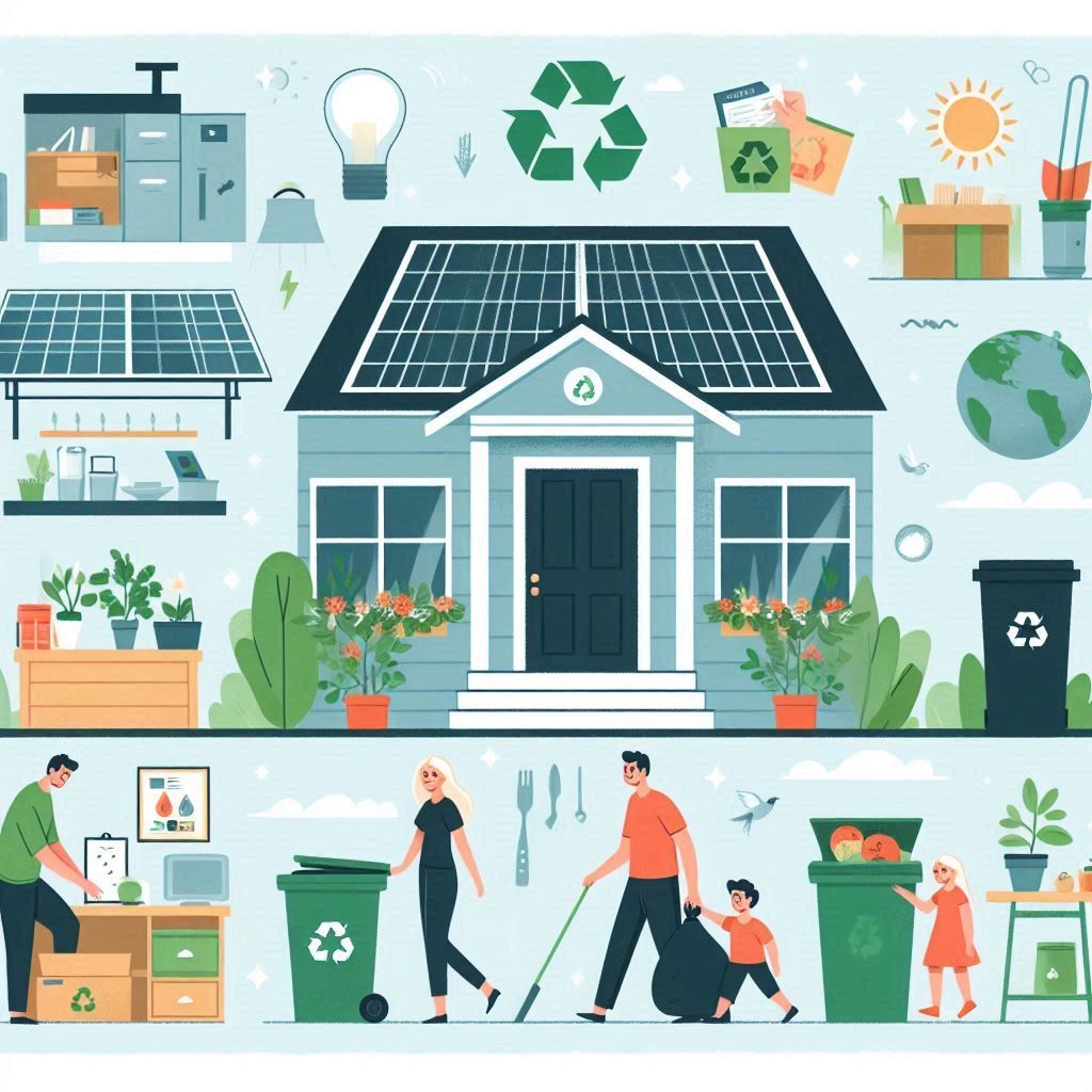 Illustration de conseils écologiques dans une maison, montrant des pratiques telles que le recyclage, la réduction des déchets, et l'utilisation d'énergies renouvelables (panneaux solaires, compostage). Style informatif et familial.