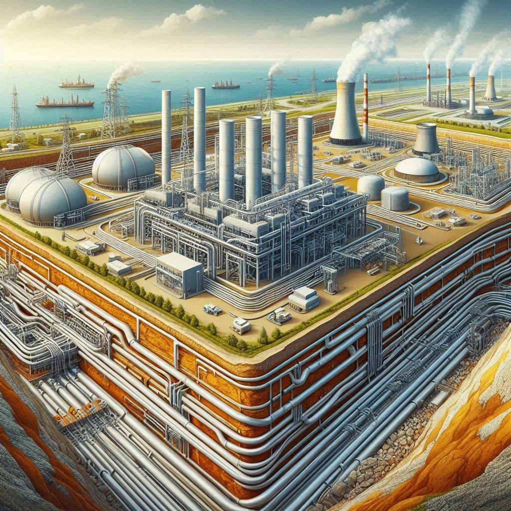 Illustration d'installations utilisant la géothermie avec des tuyaux souterrains visibles et des centrales utilisant la chaleur de la terre pour produire de l'énergie. Style technique et réaliste.