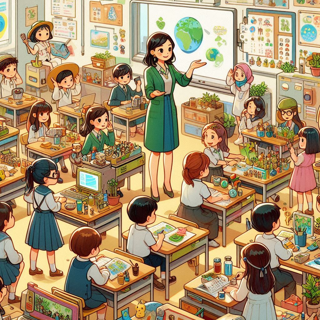 Illustration d'une classe avec des enfants participant à des programmes éducatifs sur l'écologie, avec des enseignants et des activités pratiques.