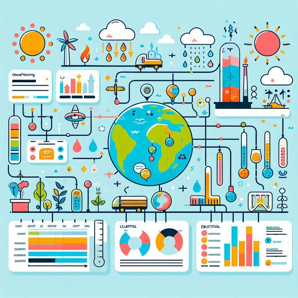 Illustration de diagrammes simplifiés et d'infographies expliquant le réchauffement climatique, avec des éléments visuels colorés et accessibles.