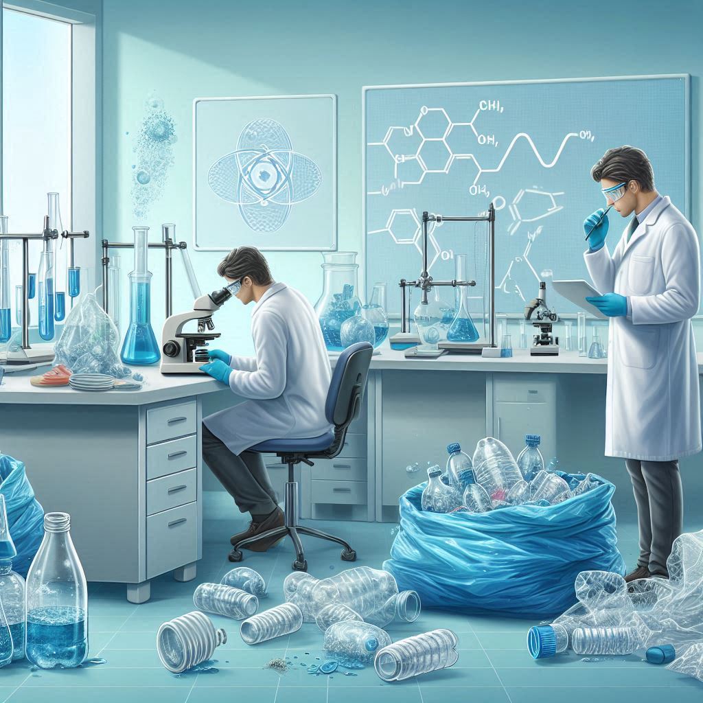 Illustration de chercheurs en laboratoire étudiant des enzymes dégradant le plastique, avec des bouteilles et sacs plastiques en décomposition autour d'équipements scientifiques. Style réaliste et détaillé.