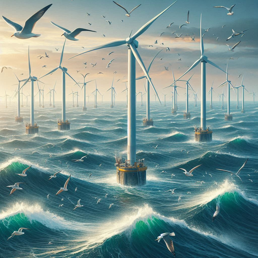 Illustration de vastes éoliennes flottantes en mer, entourées de vagues et de nombreux oiseaux marins volant autour. Style réaliste et dynamique