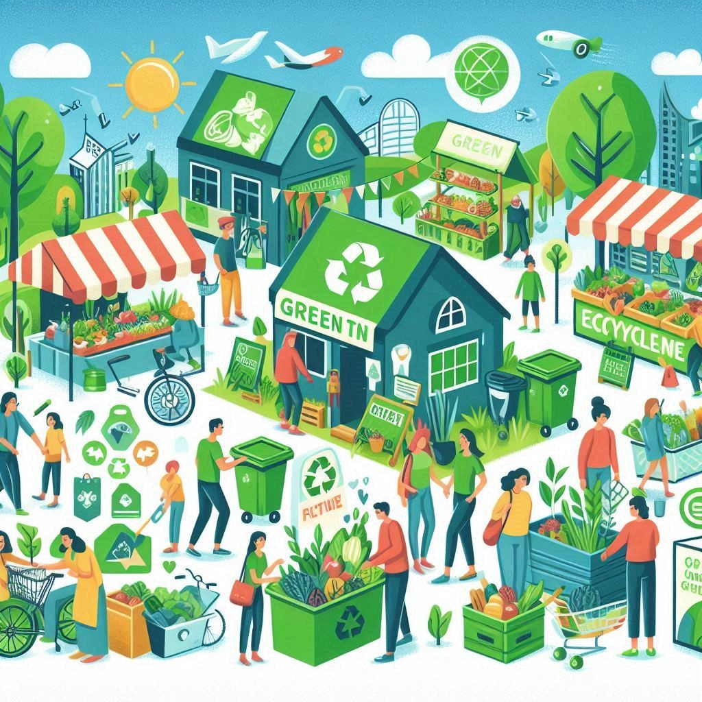 Illustration de communautés locales organisant des événements écologiques, comme des marchés verts, des ateliers de recyclage et des sessions d'information sur la durabilité.