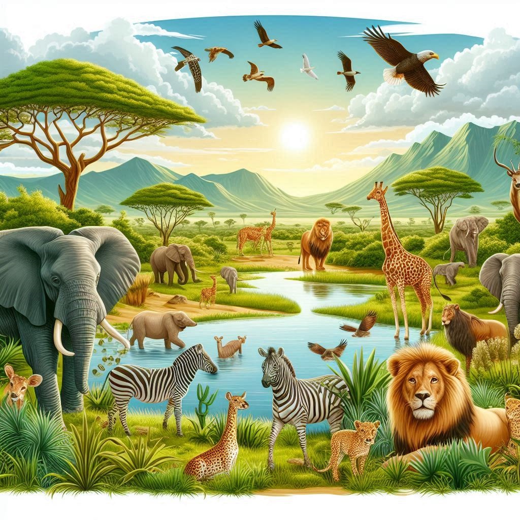 Illustration de paysages naturels africains avec une diversité d'animaux, montrant les efforts de protection et les zones protégées.