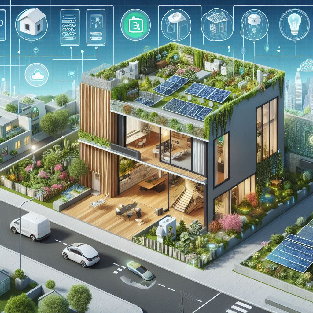 Illustration d'applications des technologies vertes dans une maison moderne, avec des systèmes de gestion d'énergie, des jardins verticaux et des dispositifs d'économie d'eau