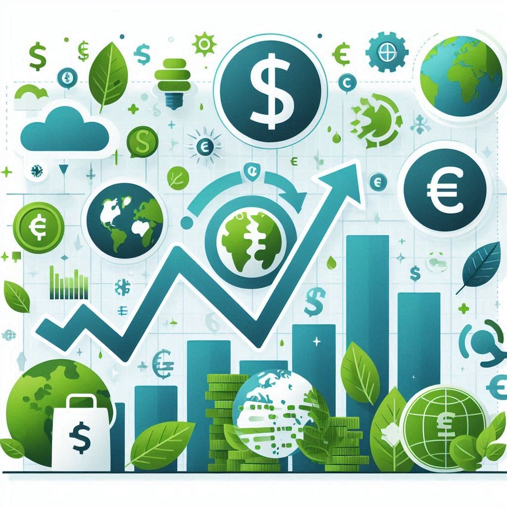 Illustration de graphiques économiques et environnementaux, avec des symboles monétaires et des icônes de politiques climatiques.