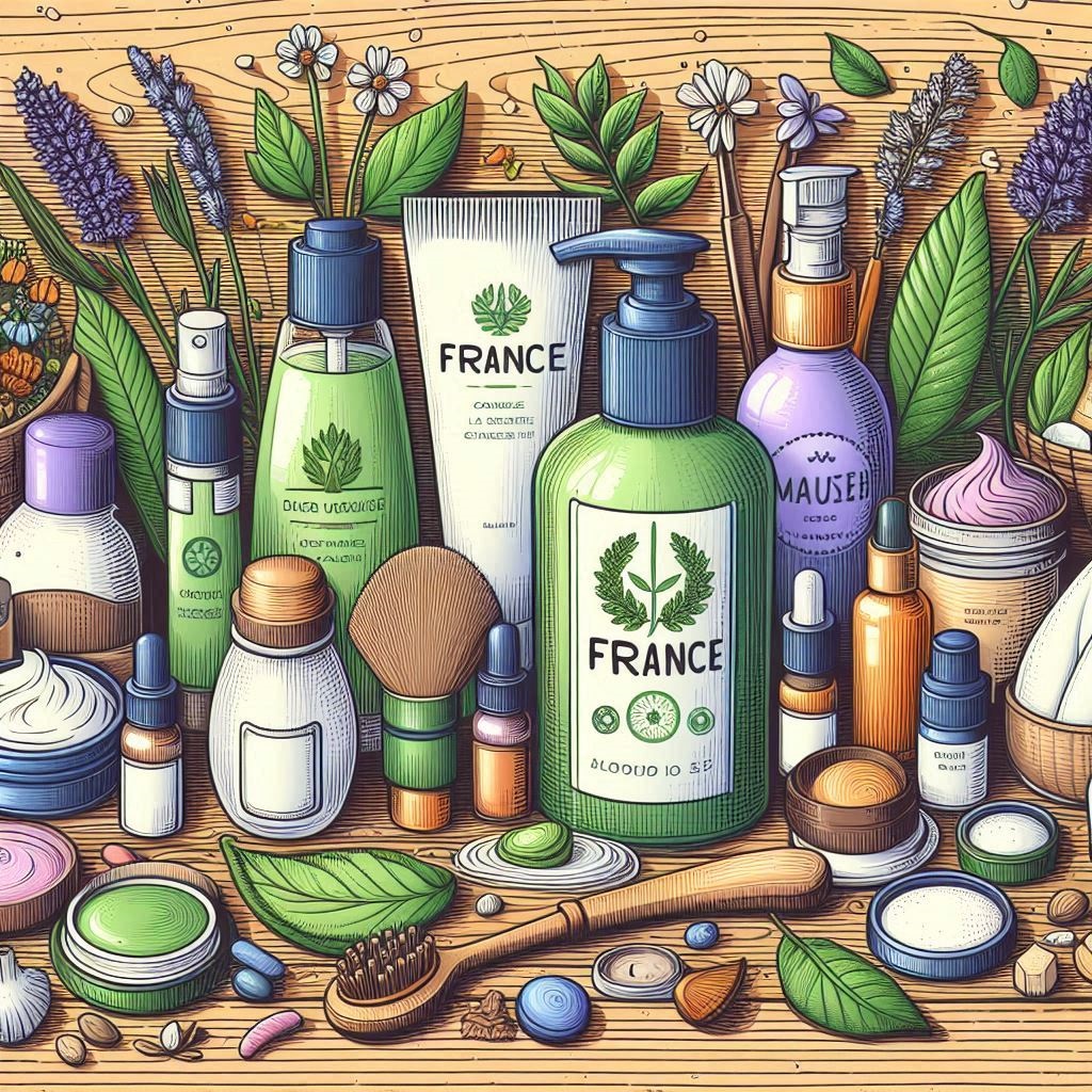 Illustration de divers produits de beauté éco-responsables fabriqués en France, disposés de manière esthétique sur une table en bois.