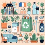 Illustration de 10 produits écologiques français utilisés dans une maison moderne, montrant des conseils pratiques pour réduire les déchets
