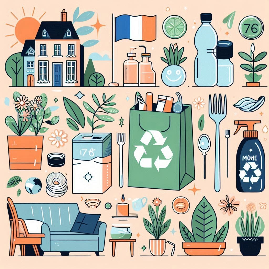 Illustration de 10 produits écologiques français utilisés dans une maison moderne, montrant des conseils pratiques pour réduire les déchets