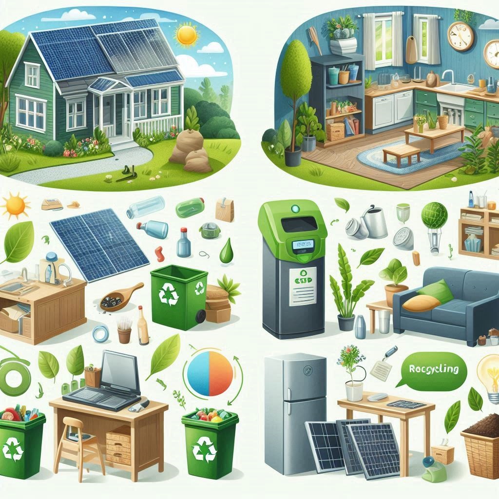 Illustration de conseils écologiques dans une maison, mettant en scène des pratiques telles que le recyclage, la réduction des déchets, et l'utilisation d'énergies renouvelables comme les panneaux solaires et le compostage. Style réaliste et éducatif