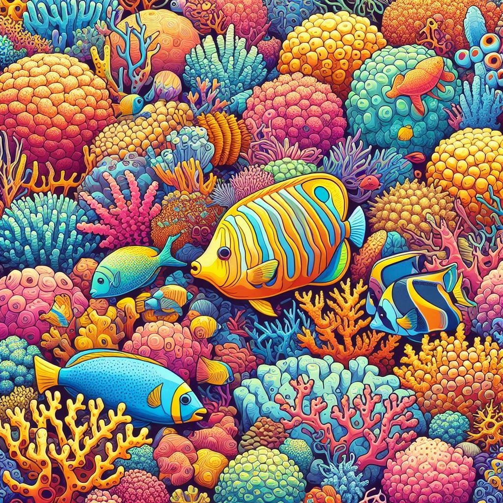 Illustration de récifs coralliens colorés avec une diversité de poissons exotiques, montrant également des parties endommagées par le blanchissement des coraux. Style vibrant et contrasté