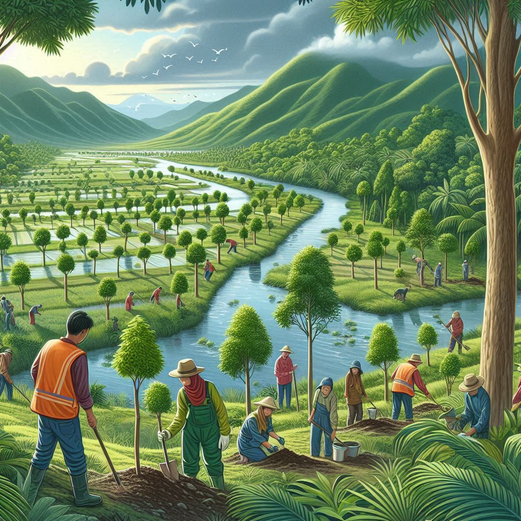 Illustration de zones de reforestation en Asie du Sud-Est avec des bénévoles plantant des arbres, entourés de paysages verdoyants et luxuriants. Style réaliste et vibrant.