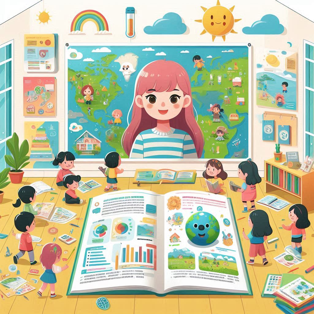 Illustration de matériel éducatif pour enfants, comme des livres, des posters et des activités interactives, sur le thème du changement climatique.