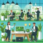 Illustration de jeunes entrepreneurs travaillant dans des startups vertes, avec des bureaux modernes et des prototypes de technologies écologiques.