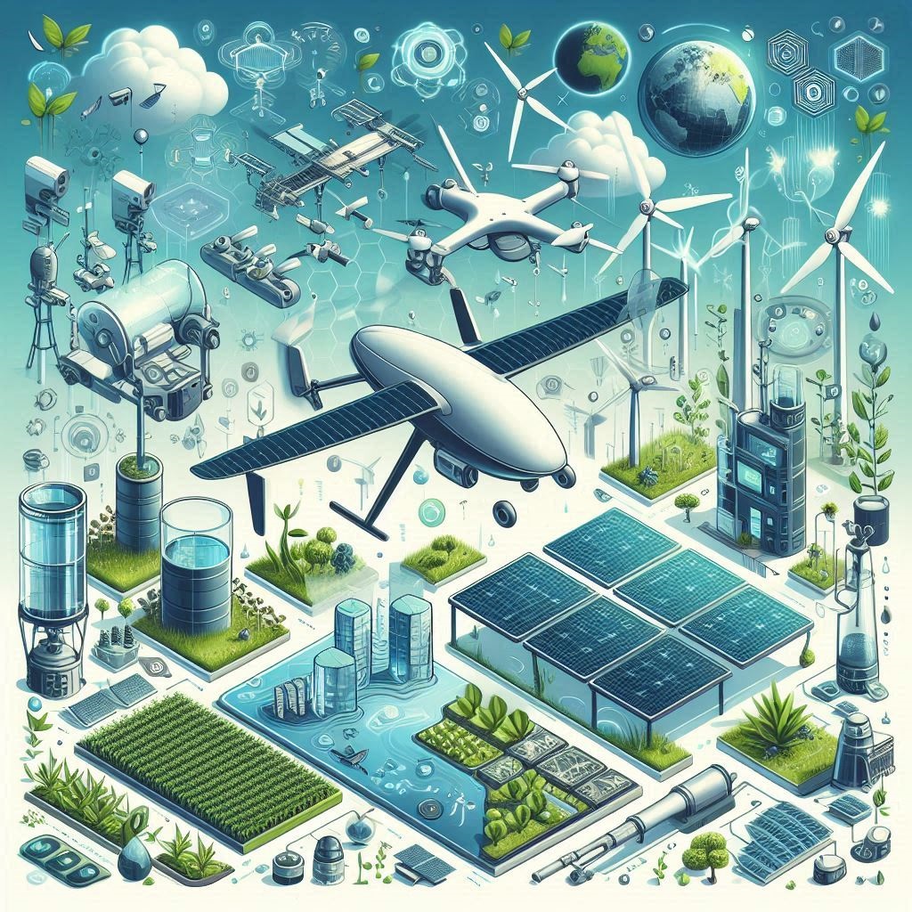 Illustration de technologies vertes innovantes, comme des drones agricoles, des systèmes de purification de l'eau et des dispositifs d'énergie renouvelable."