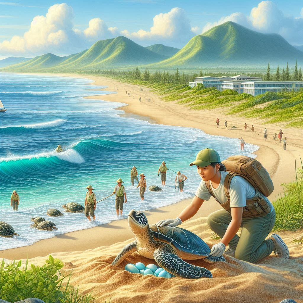 Illustration de tortues marines sur une plage protégée, avec des bénévoles surveillant et protégeant les nids, et un paysage côtier en arrière-plan. Style réaliste et apaisant.