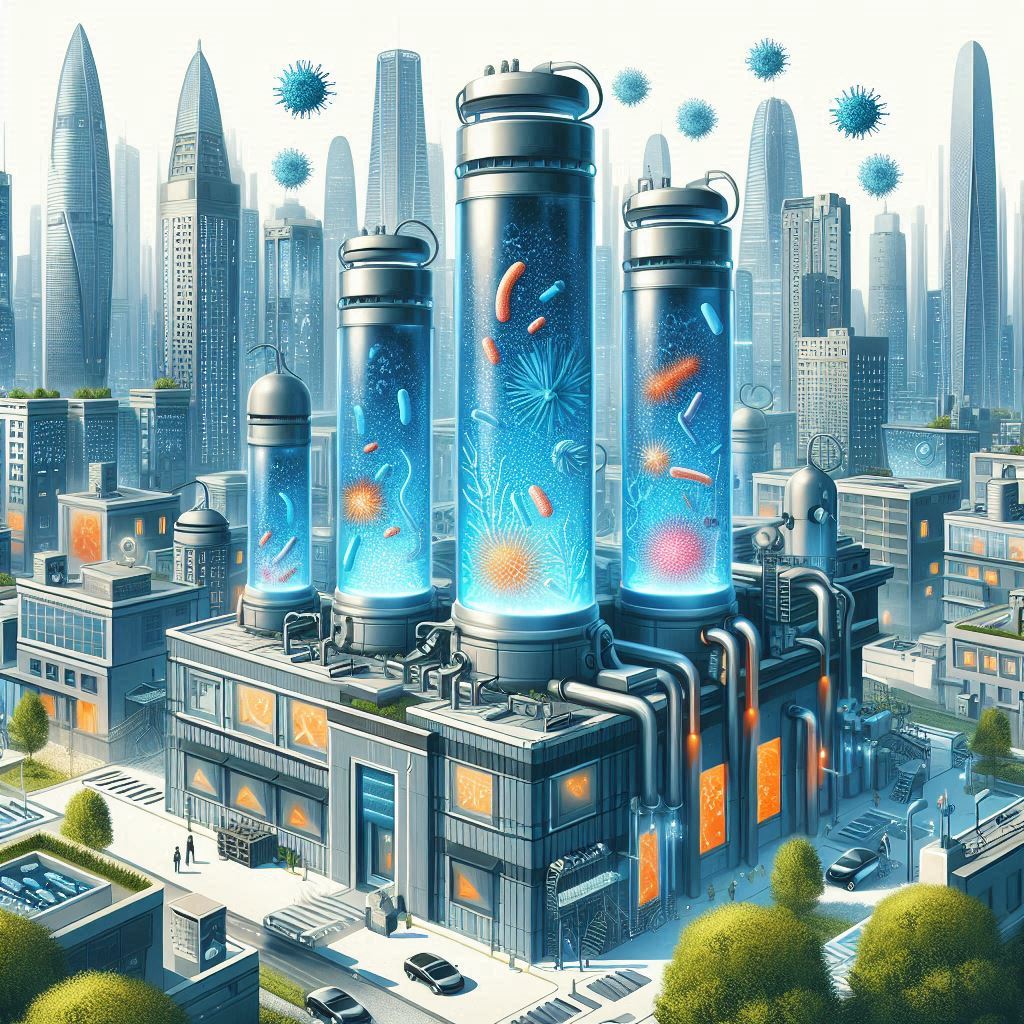 Illustration d'une ville avec des dispositifs biotechnologiques filtrant l'air, montrant des micro-organismes en action, avec des bâtiments modernes en arrière-plan. Style futuriste et détaillé