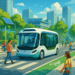 Bus autonome électrique sans chauffeur circulant dans une rue moderne et écologique en 2025, entouré de piétons, de cyclistes et d'espaces verts.