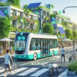 Bus autonome sans chauffeur circulant dans une rue urbaine moderne en 2025, entouré de piétons, de cyclistes, de commerces, de stations de recharge et d'espaces verts.