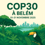 Illustration de la COP30 à Belém, représentant la forêt amazonienne, un toucan et la silhouette urbaine de Belém, avec les dates du 10 au 21 novembre 2025.