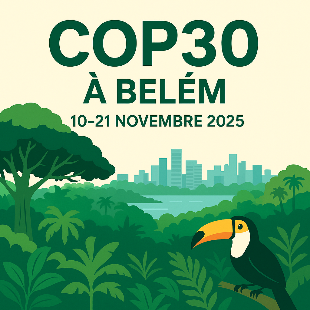 Illustration de la COP30 à Belém, représentant la forêt amazonienne, un toucan et la silhouette urbaine de Belém, avec les dates du 10 au 21 novembre 2025.