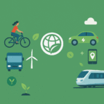 Illustration représentant la mobilité durable en France avec des symboles de transports écologiques comme un vélo, une voiture électrique, un bus, un train et une éolienne sur fond vert.