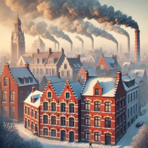 Illustration de la pollution de l’air à Lille causée par un feu de cheminée à foyer ouvert comparée à un chauffage au bois moderne et propre.