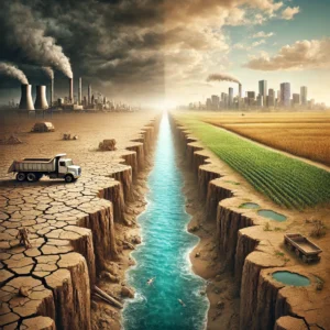 Illustration de la banqueroute hydrique montrant une rivière asséchée entre une ville et des terres agricoles touchées par la crise de l’eau.