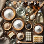 Produits naturels utilisés en recettes DIY pour le ménage écologique, comme bicarbonate de soude, vinaigre blanc, savon noir et acide citrique